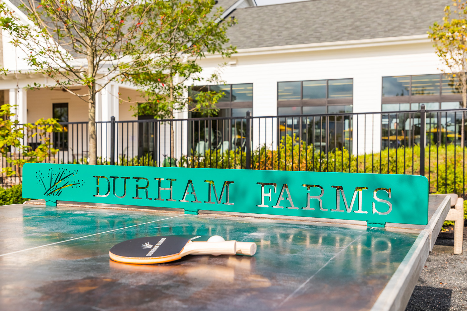 Branded ping pong table for Durham Farms master planned community