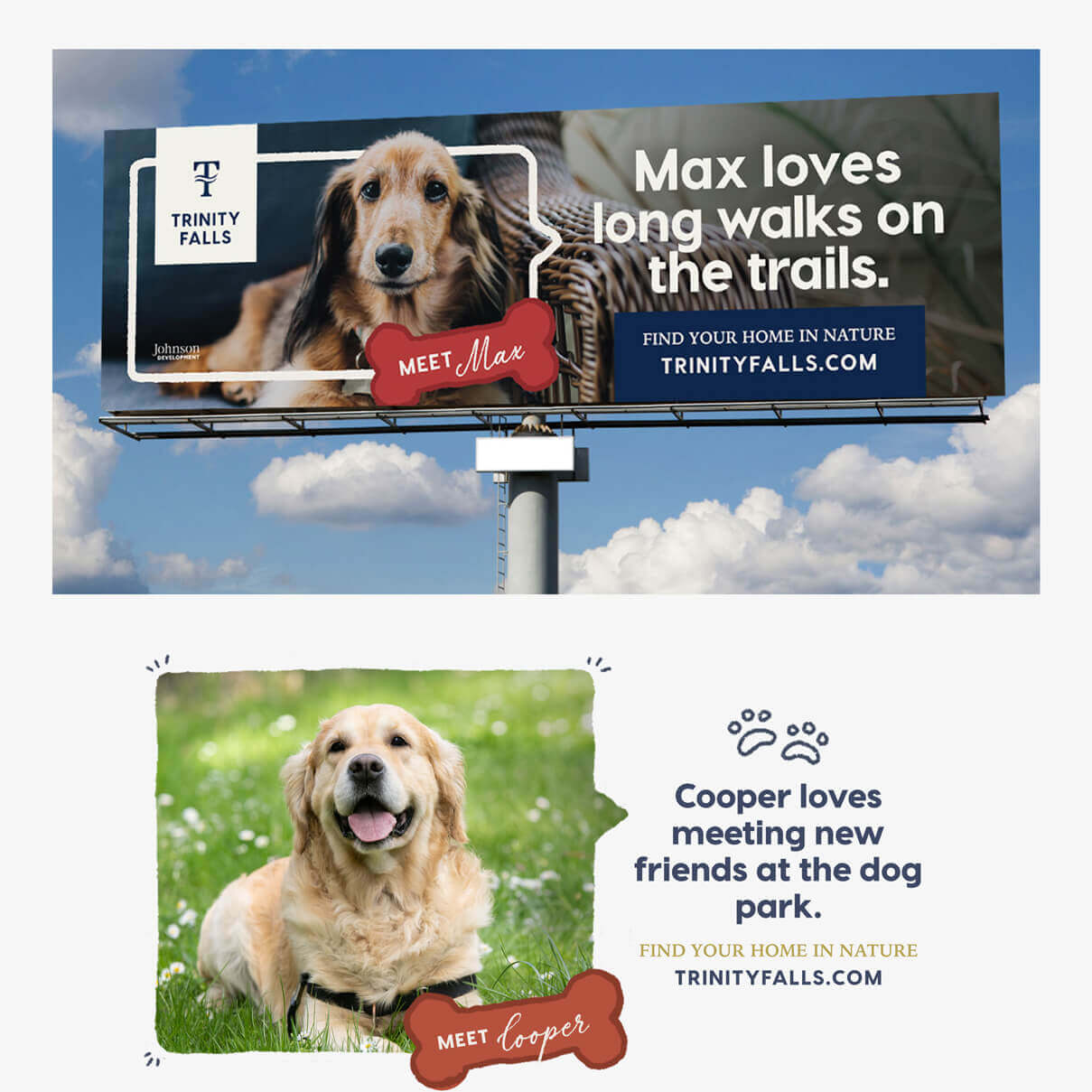 Key art and billboard design for pet-friendly dog marketing campaign Trinity Falls master planned community designed by ST8MNT
