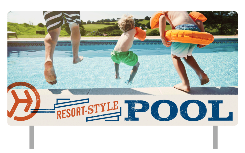 Resort-style pool promo graphic designed for master planned community Homestead designed by ST8MNT