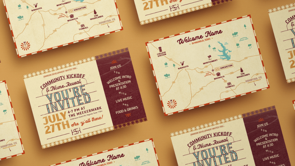 Postcard invitation branded collateral for master planned community kresston designed by ST8MNT