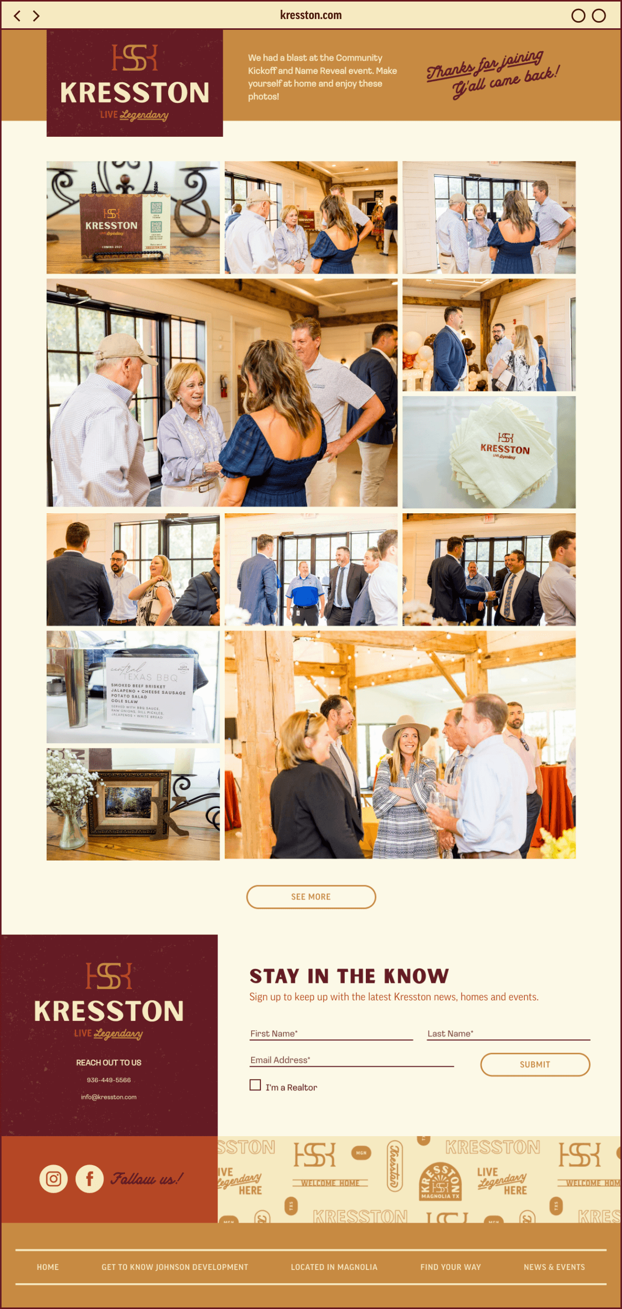 Web design featuring event recap image gallery for brand announcement for master planned community Kresston designed by ST8MNT