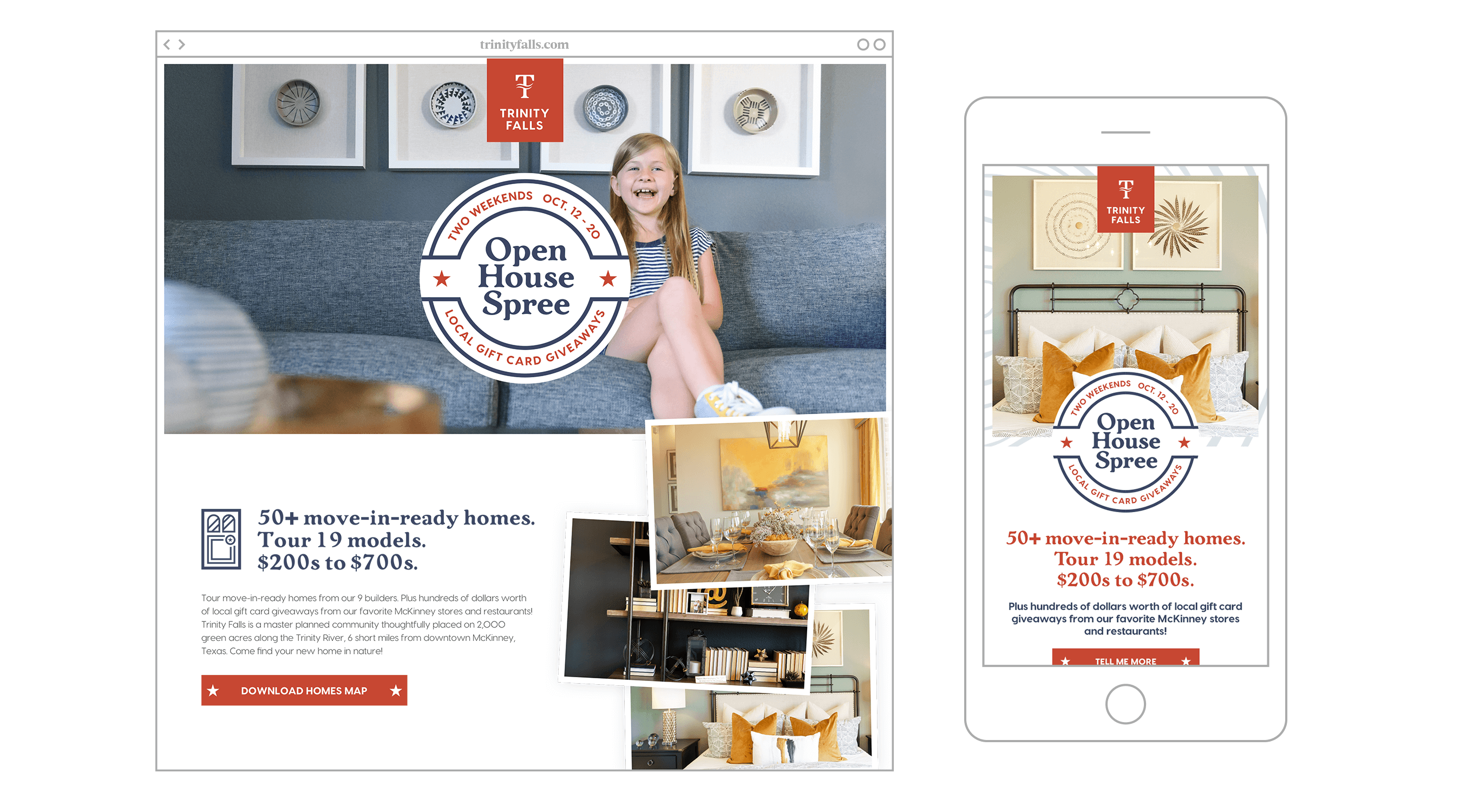 Landing web page design featuring Open House Spree campaign for master planned community Trinity Falls designed by ST8MNT