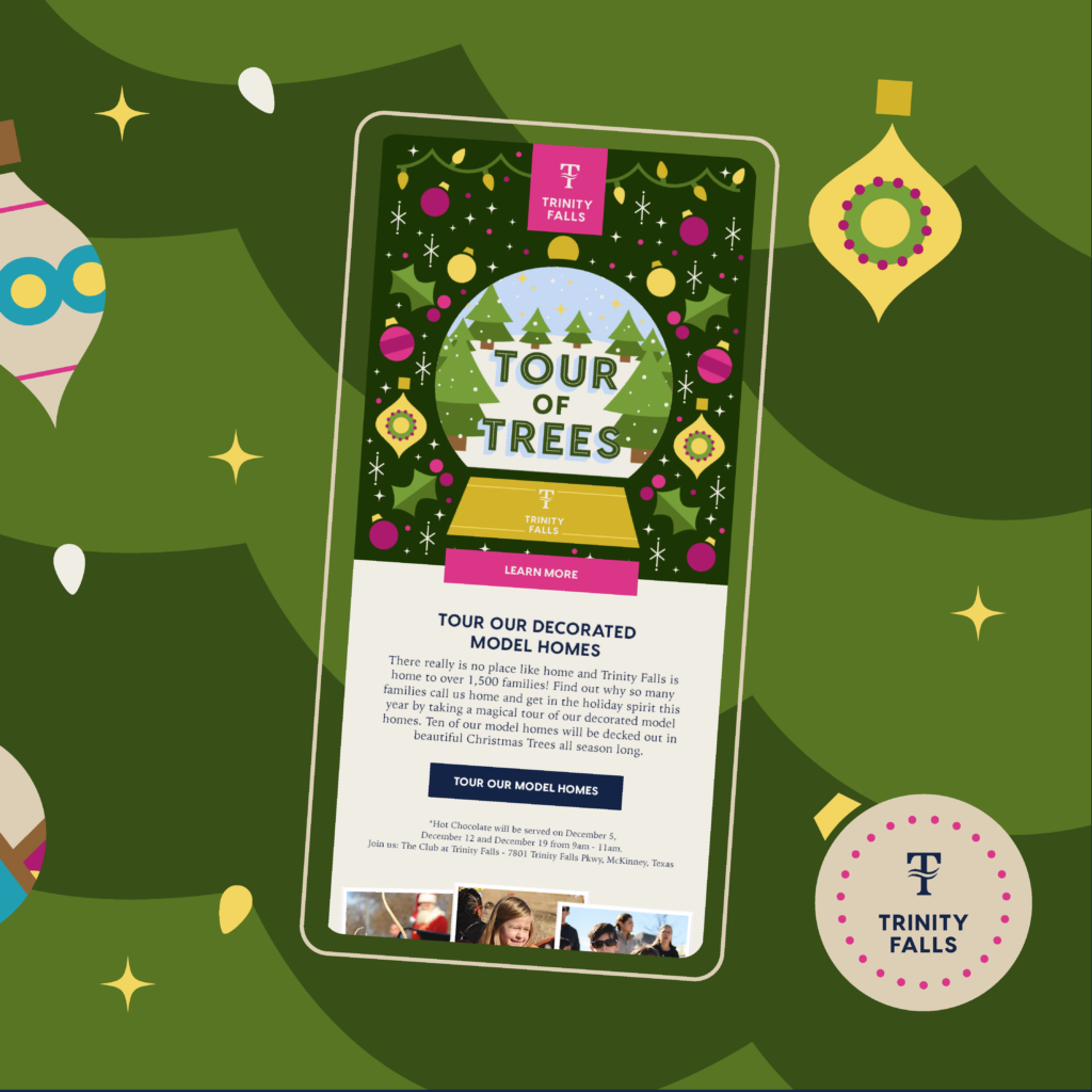 Tour of Trees holiday campaign social post for Trinity Falls master planned community designed by ST8MNT