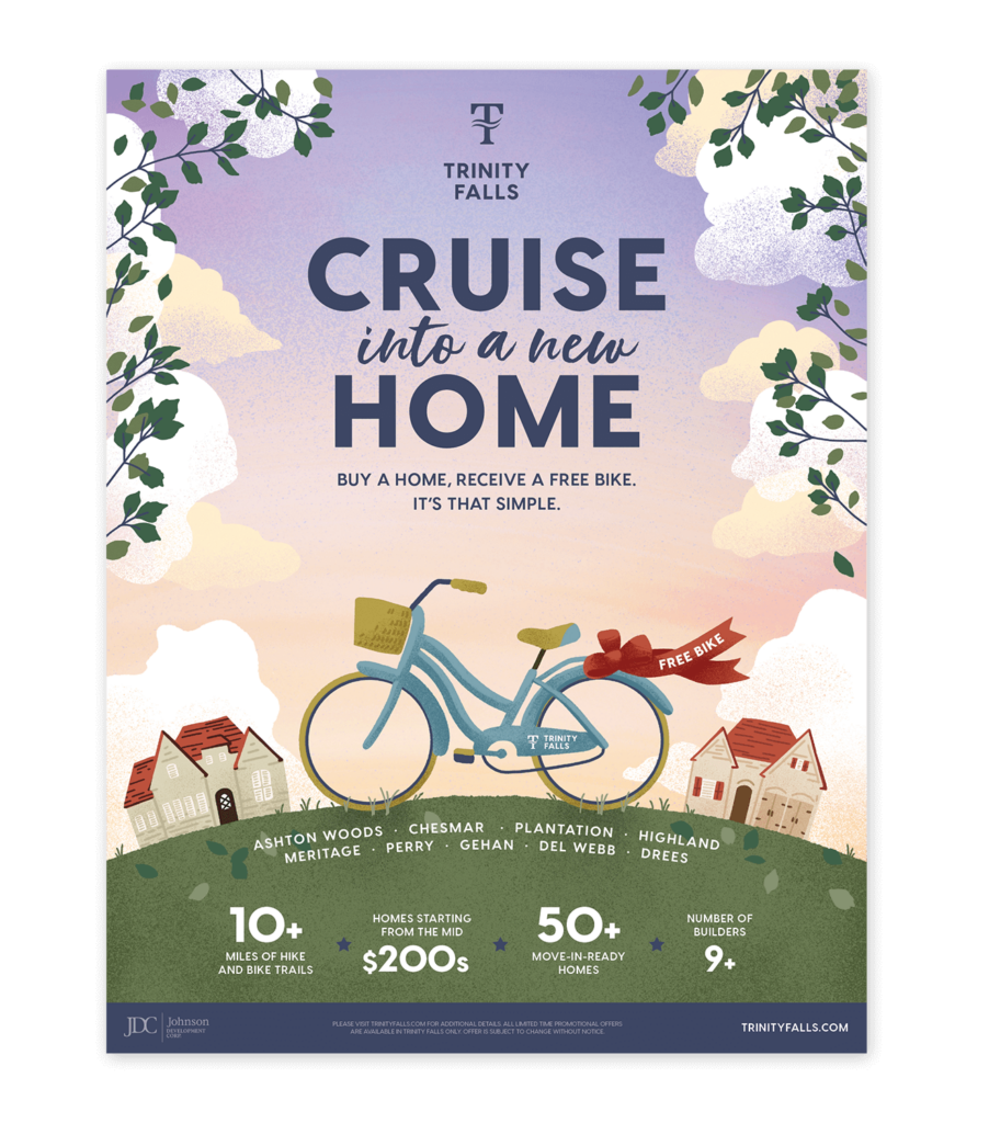Branded Trinity Falls Cruise into a new Home bike giveaway master planned community marketing campaign key art featuring an illustrated bicycle designed by ST8MNT