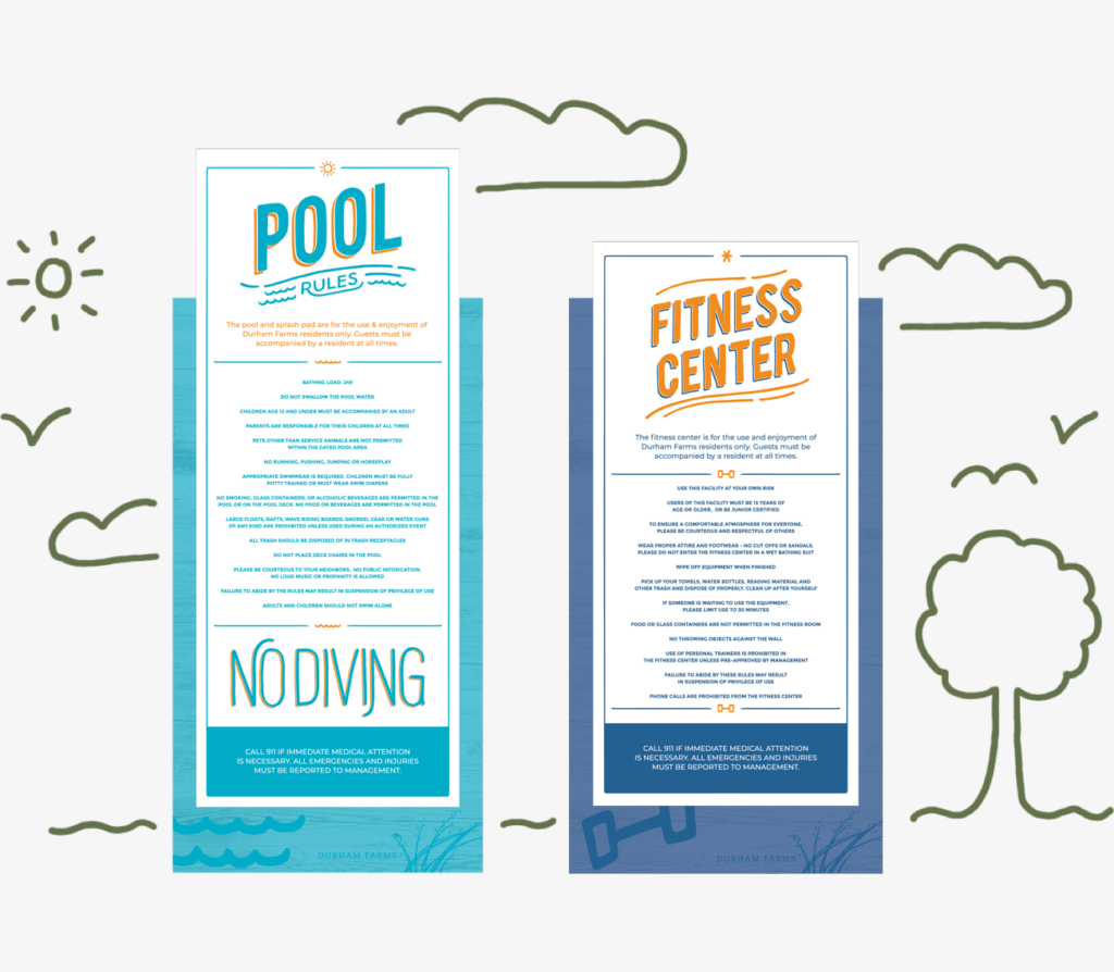 Durham Farms master planned community wayfinding signage for pool and fitness center designed by ST8MNT
